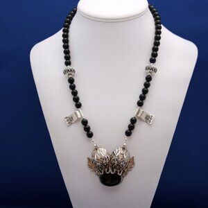 Vintage Nepalese Double Dragon & Onyx Pendant Necklace